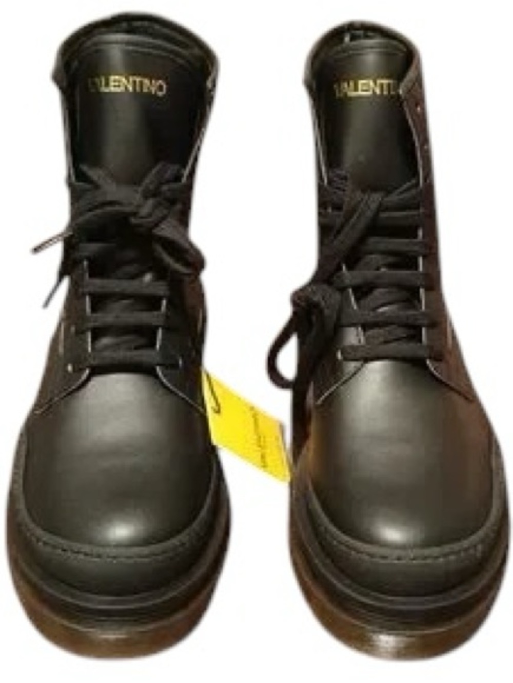Valentino Black Leather High-Top Lace-Up Boots with Gold Logo